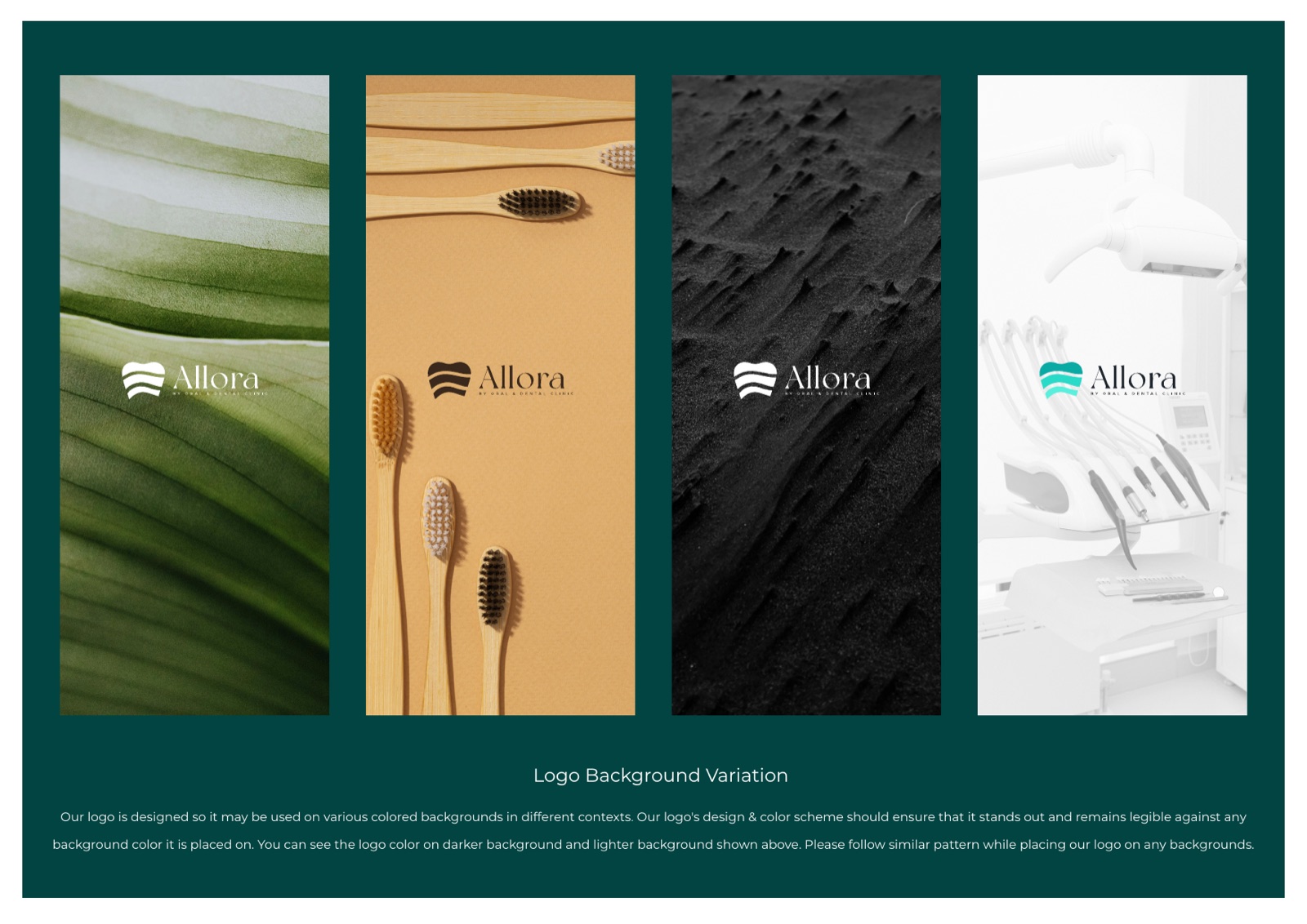 Allora logo placed across four different background treatments