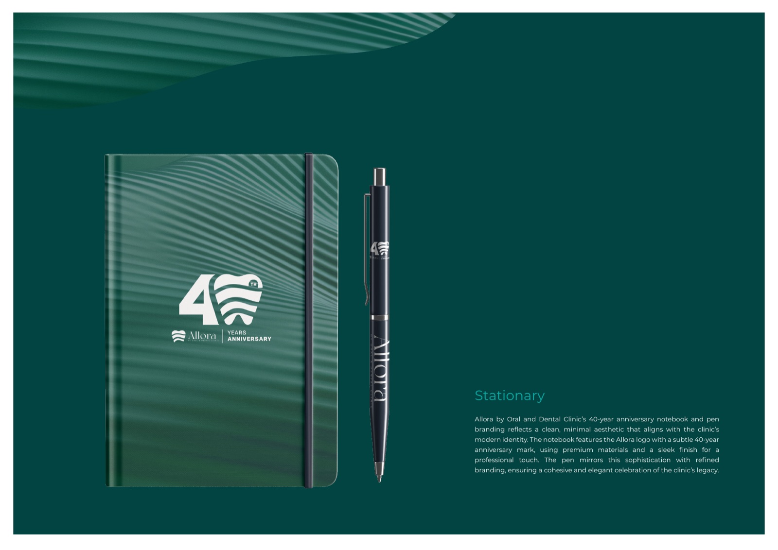 An Allora 40-year anniversary notebook and branded pen