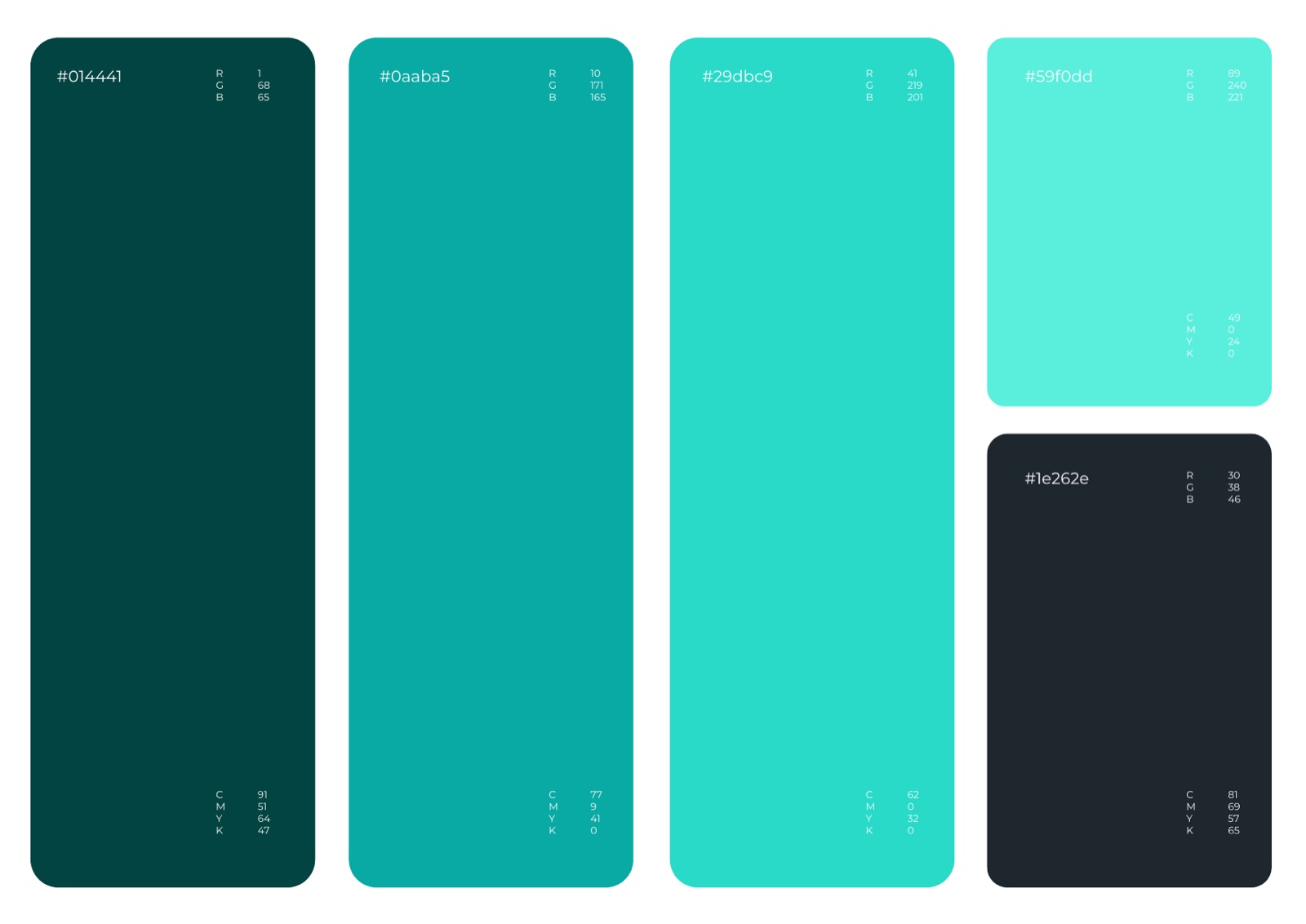 Allora colour palette with hex, RGB and CMYK values