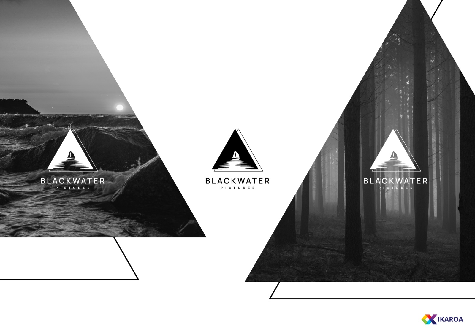BlackWater Pictures logo placed on coastal and forest photography inside triangular frames