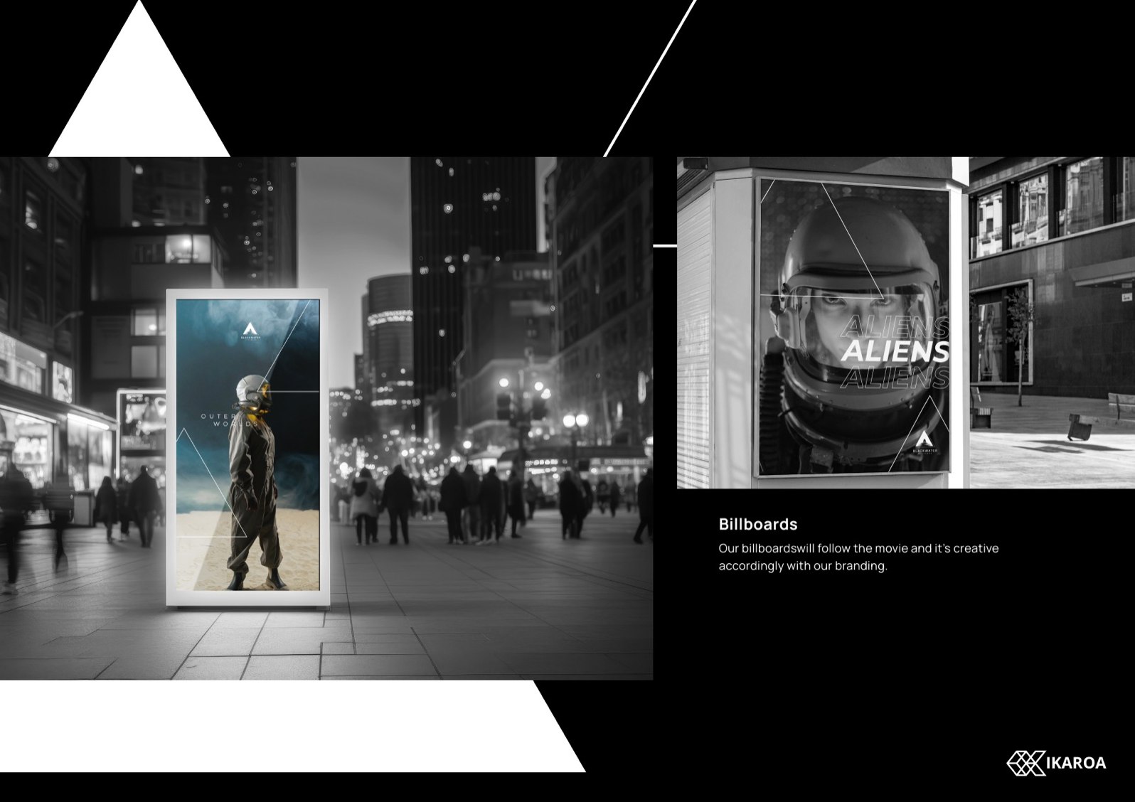 BlackWater Pictures billboards in a city street at night