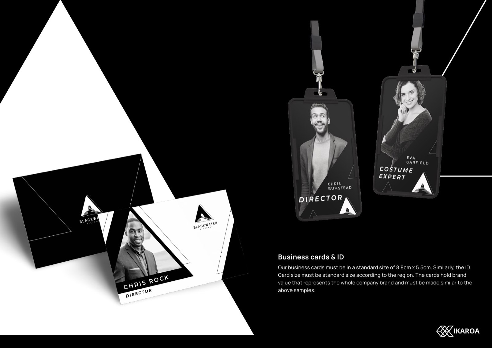 BlackWater Pictures business cards and crew ID badges on lanyards