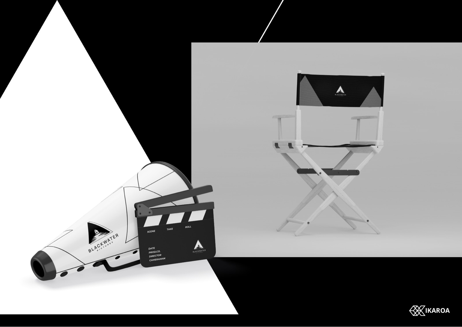 BlackWater Pictures branded clapperboard, megaphone and director chair