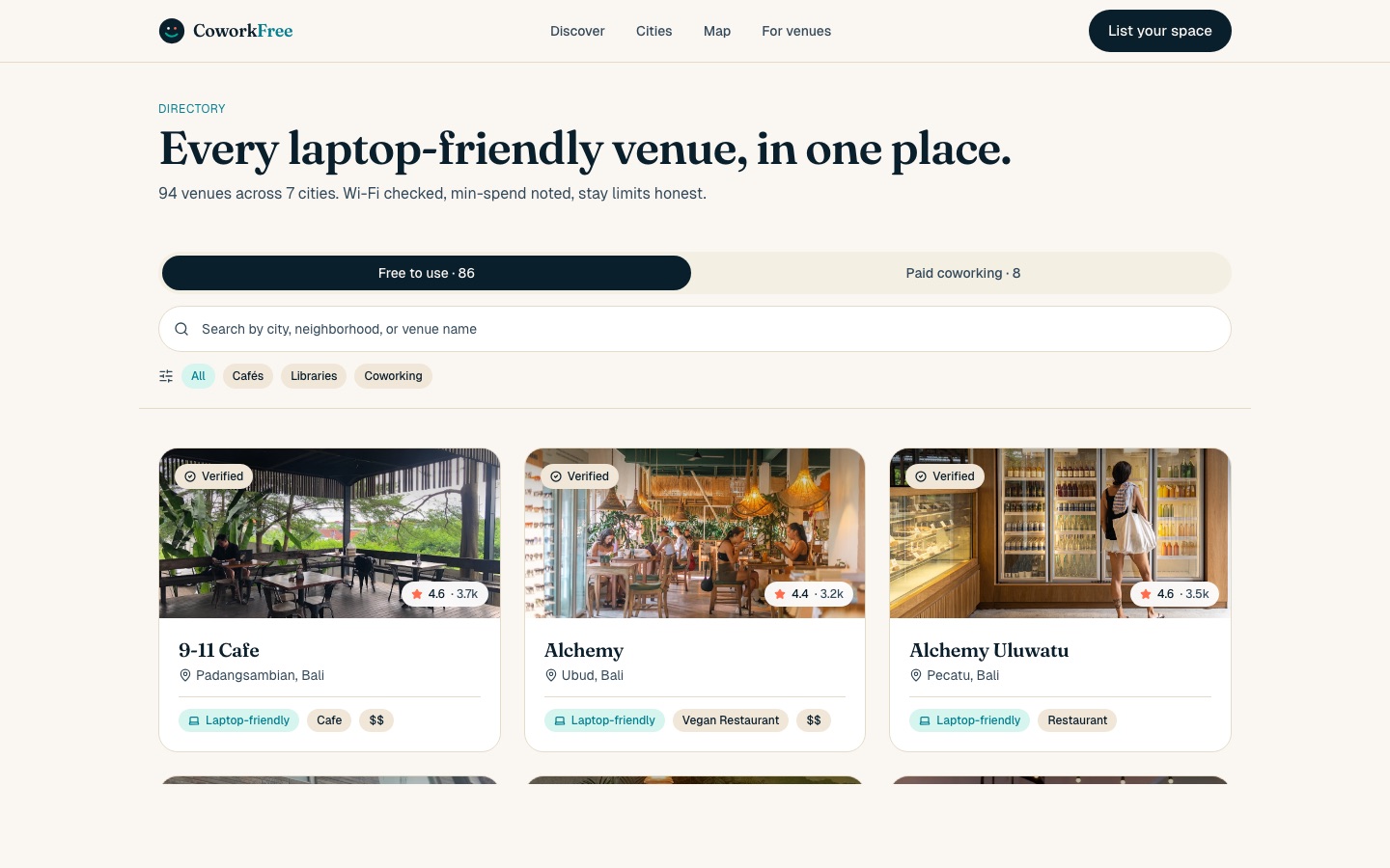 Cowork Free discover page with verified venue cards