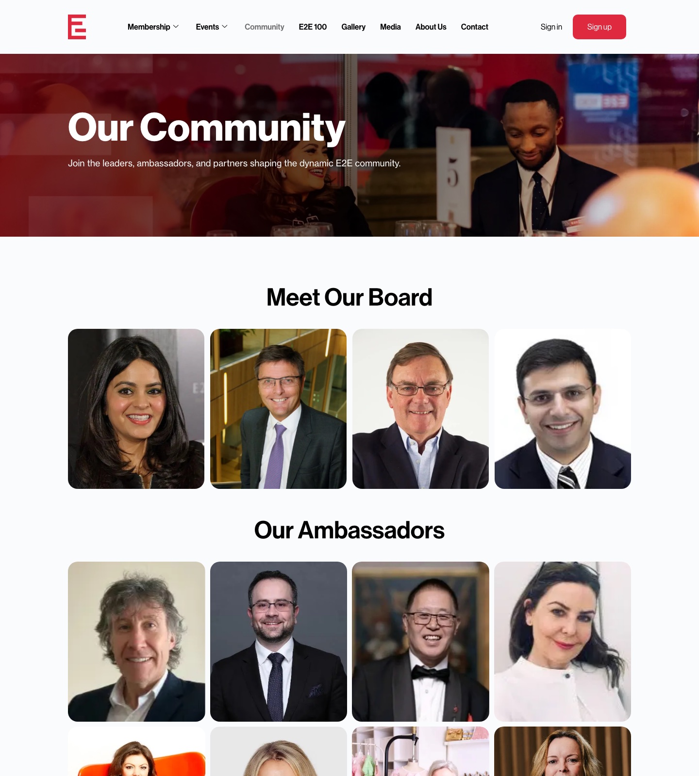 The E2E community page, board members and ambassadors