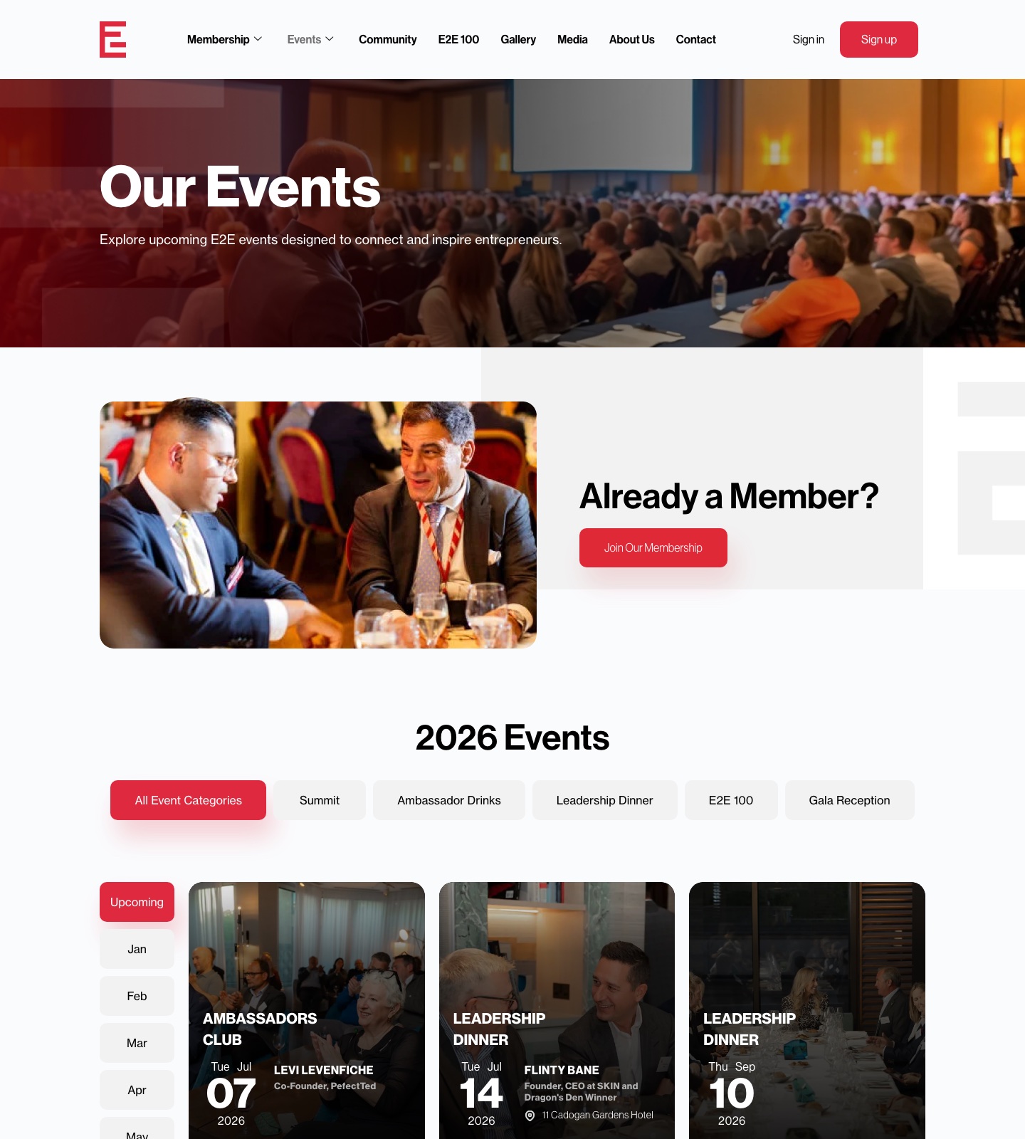 The E2E events calendar