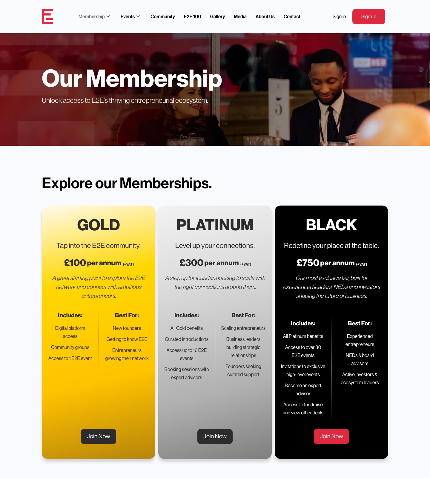 The E2E membership tiers, Gold, Platinum and Black