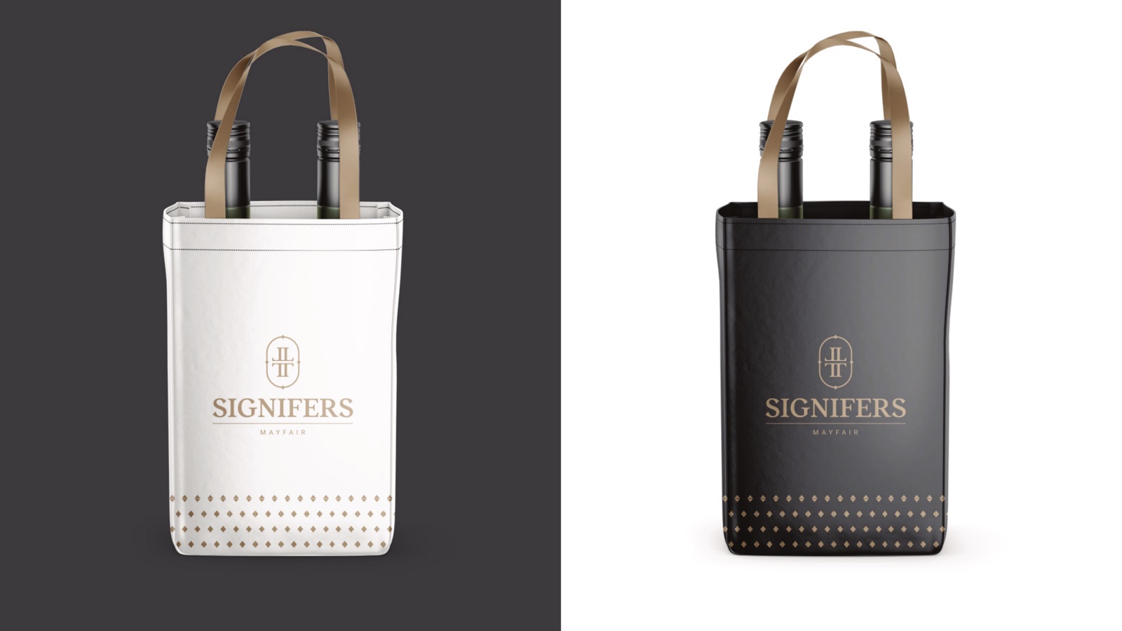 Signifers Mayfair Twin-bottle carriers for client events, white and charcoal