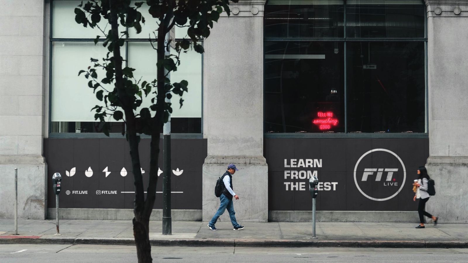 FIT.LIVE storefront signage with the seven discipline icons