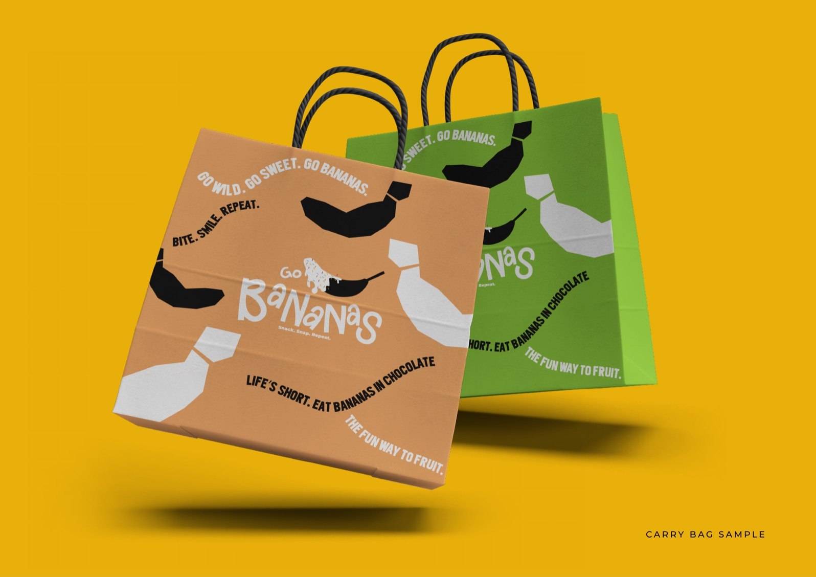 Go Bananas printed carry bags in green and kraft