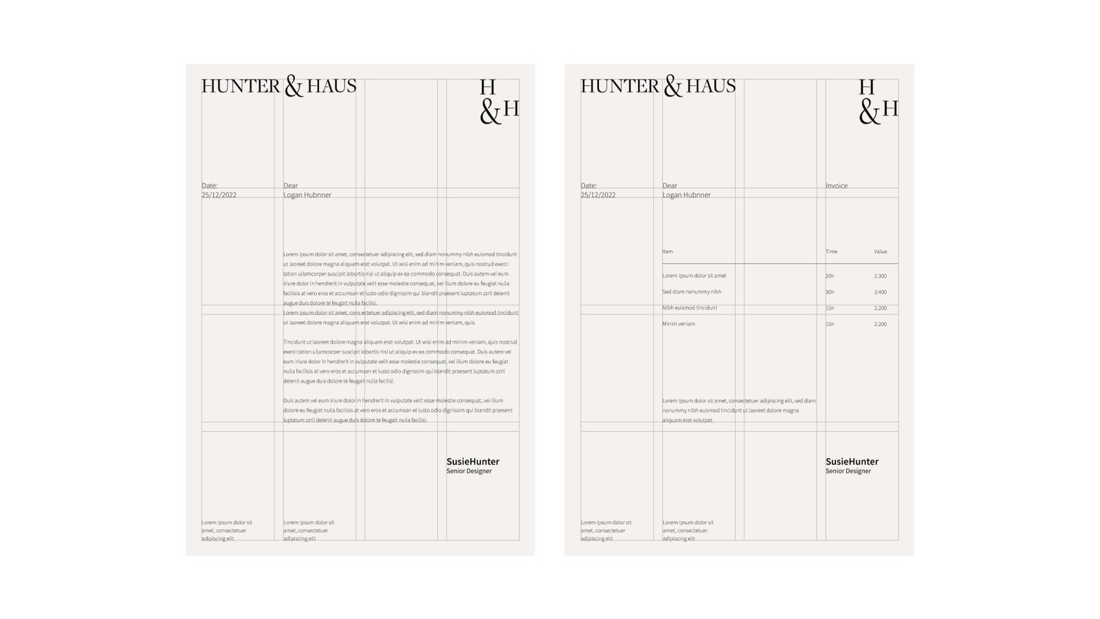 Hunter & Haus logo lockups and the H&H monogram at different scales