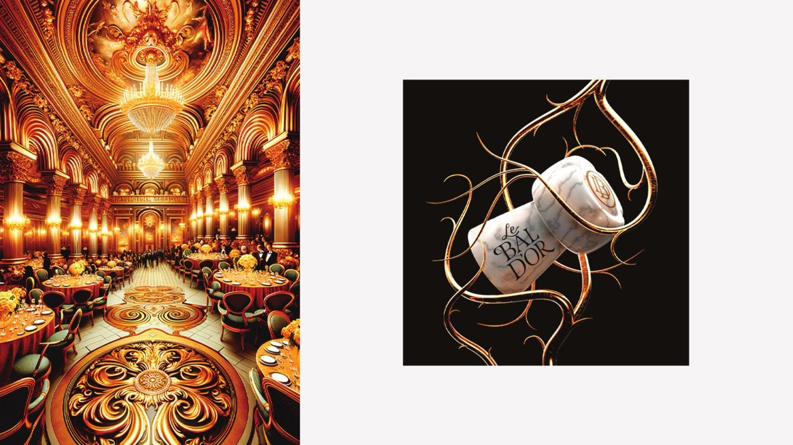 A gilded ballroom and a Le Bal D'Or branded bottle in gold