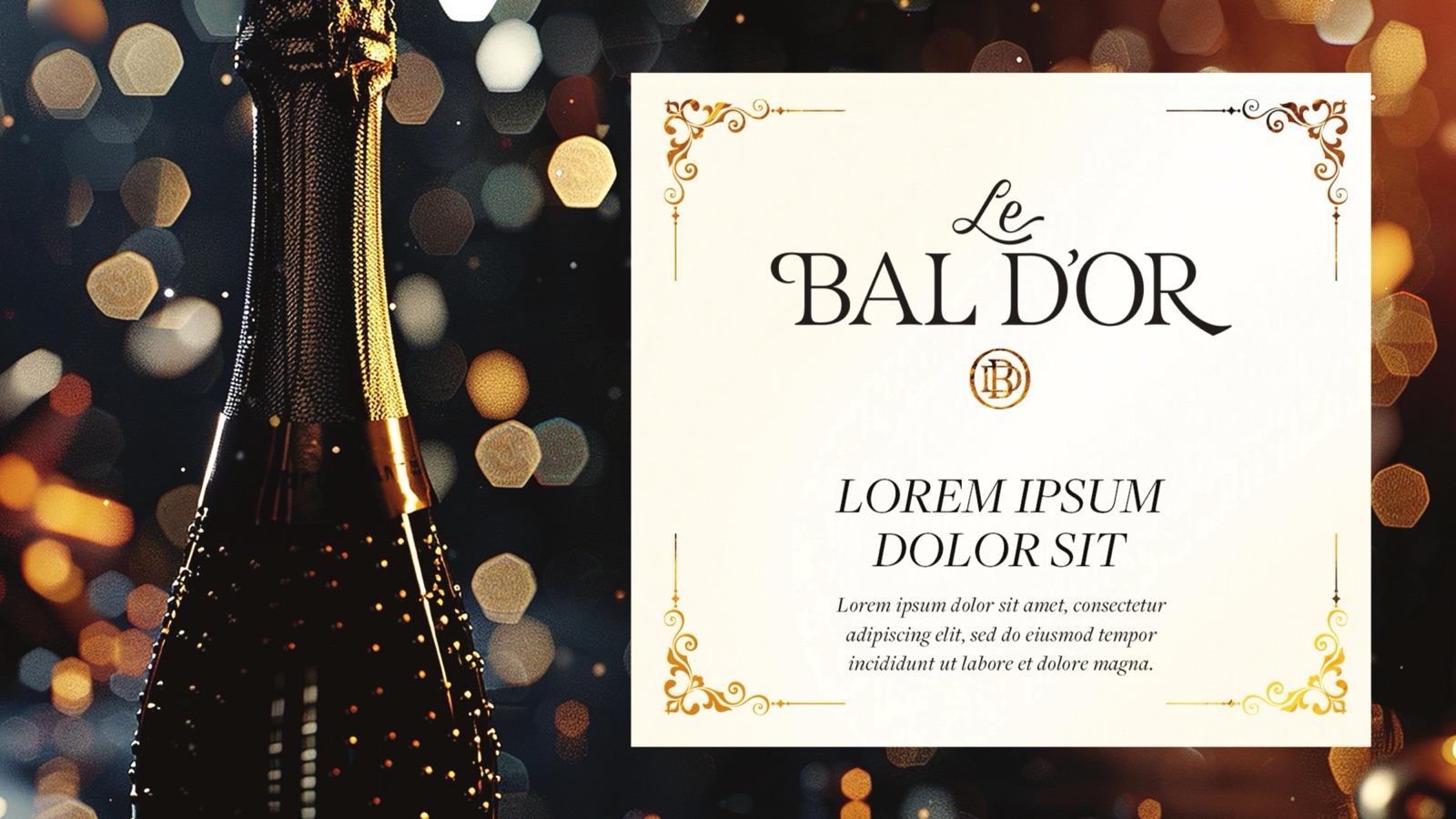 Le Bal D'Or invitation card with gold corner flourishes beside a champagne bottle