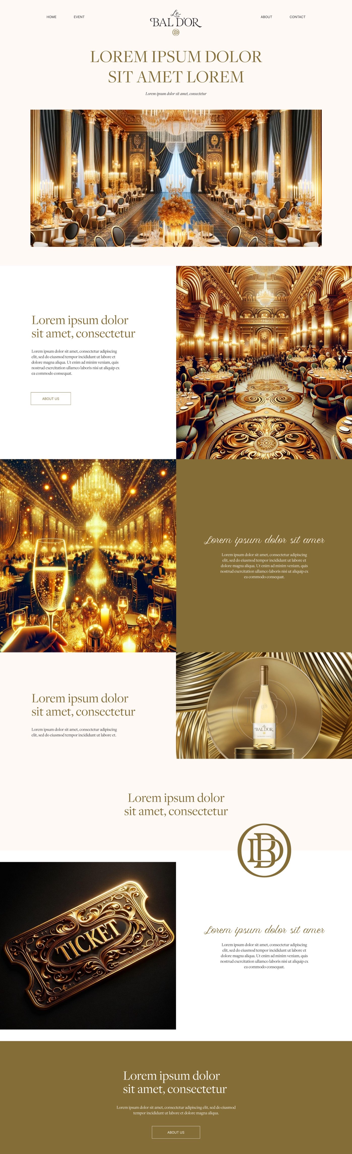 The Le Bal D'Or landing page: cream layout, gilded ballroom hero and gold ticket