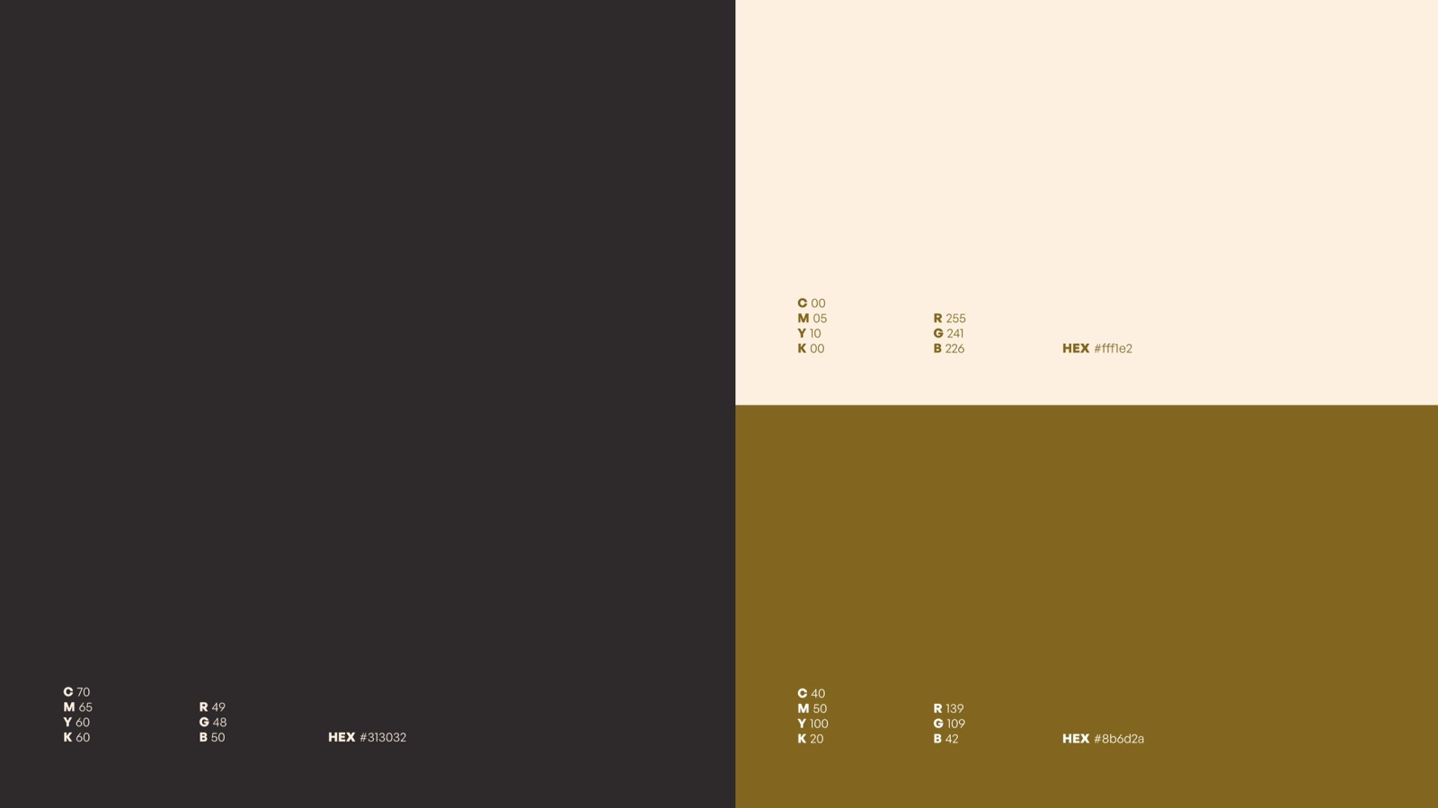 Le Bal D'Or palette: charcoal, cream and gold with CMYK and hex values