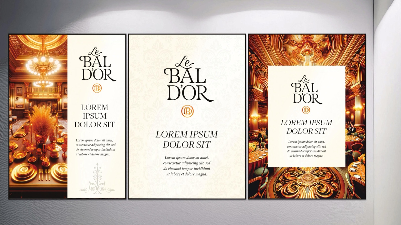 Three Le Bal D'Or poster panels