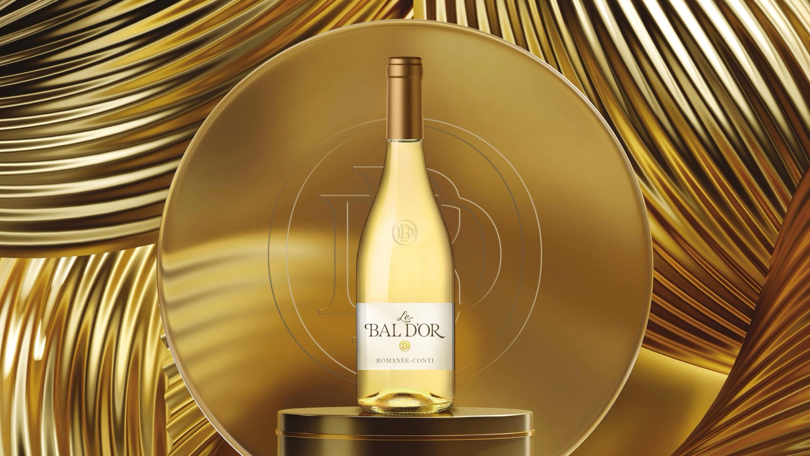 A Le Bal D'Or labelled bottle on a gold disc