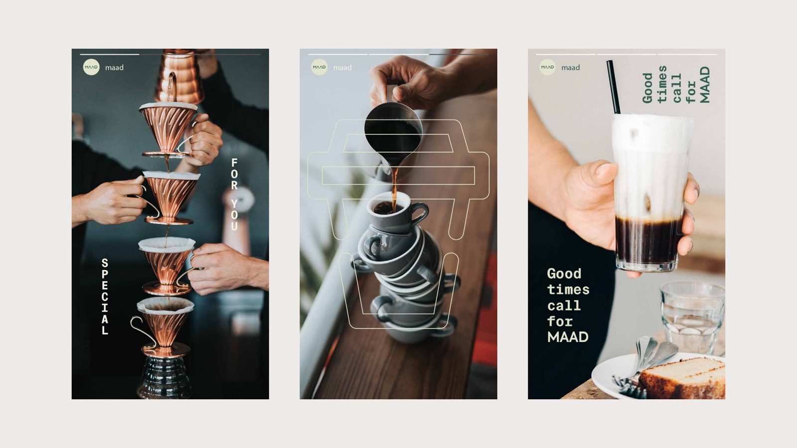 MAAD coffee photography, a pour shot in branded cups