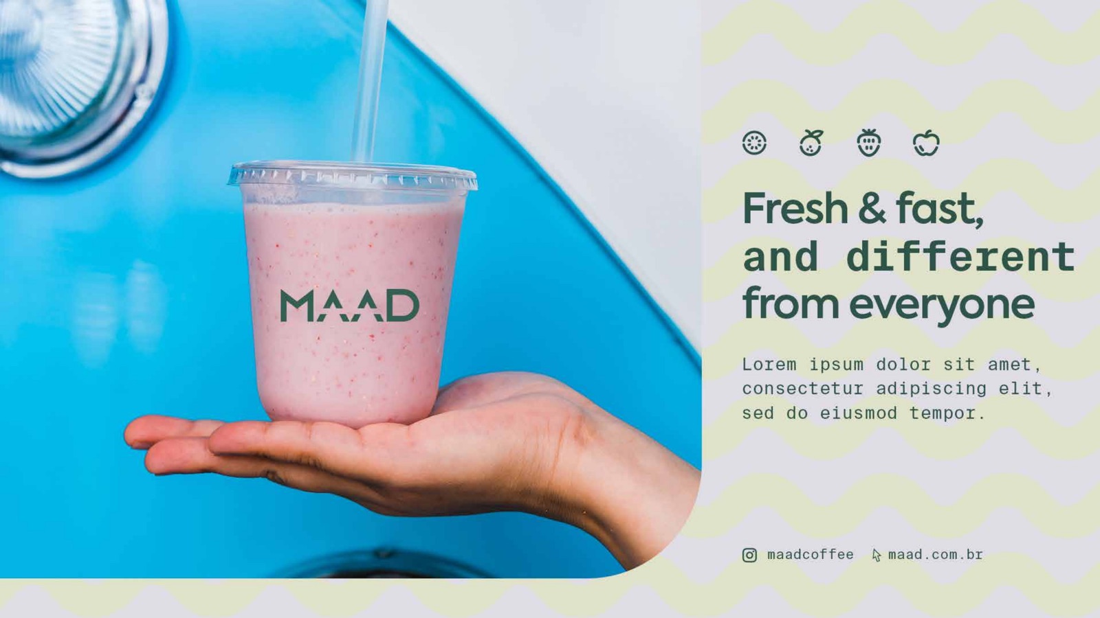 MAAD social content, a pink drink held against a blue wall