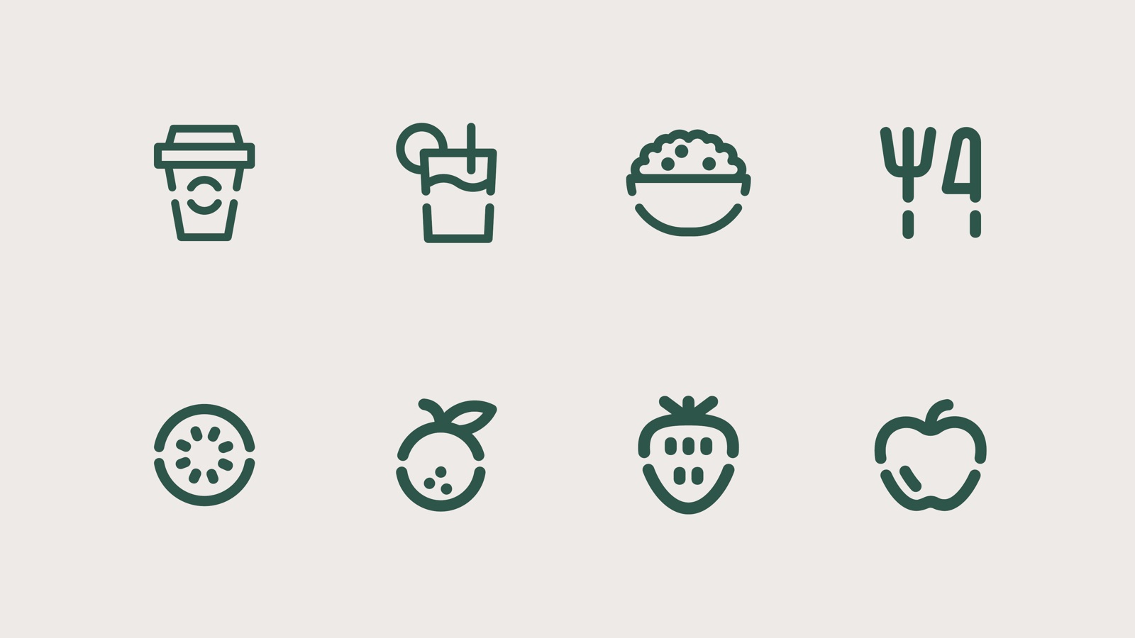 MAAD line icon set for coffee, juice, snacks and fruit