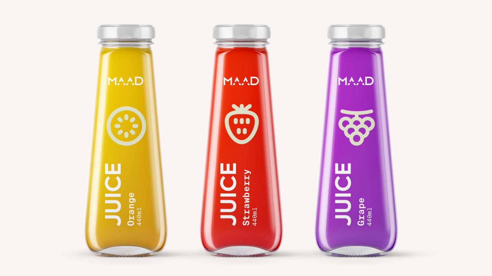 MAAD juice bottle range in orange, strawberry and grape with mono labels