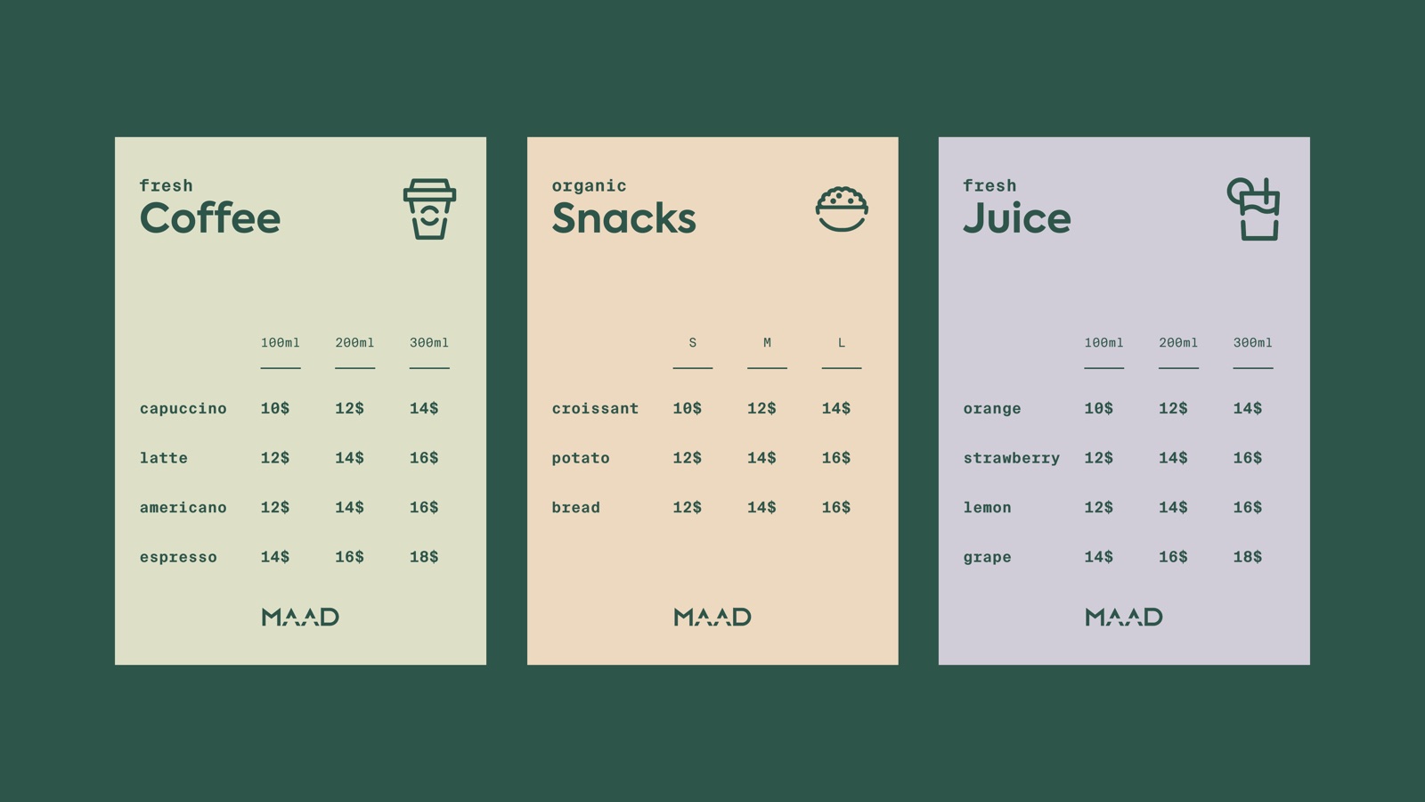 MAAD menu boards for coffee, snacks and juice with sizes and prices