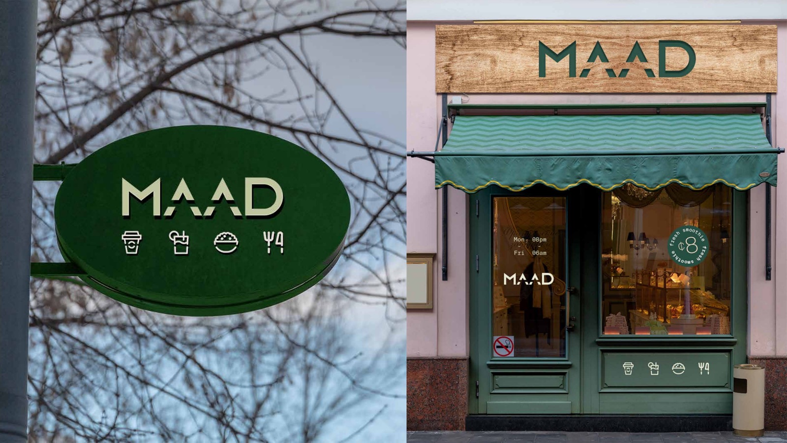 MAAD storefront signage on a green facade