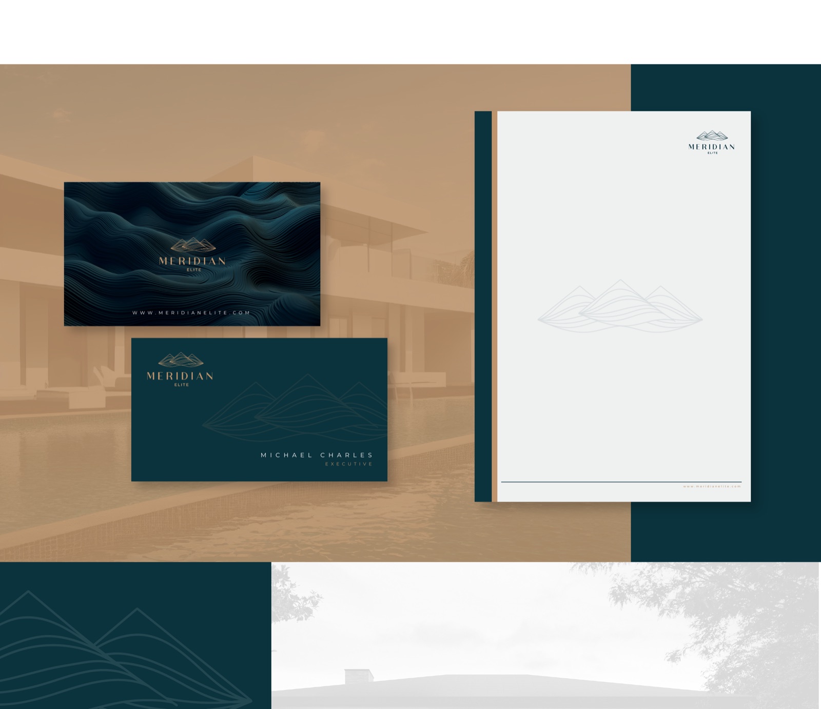 Meridian Elite business cards in teal and copper, with the letterhead