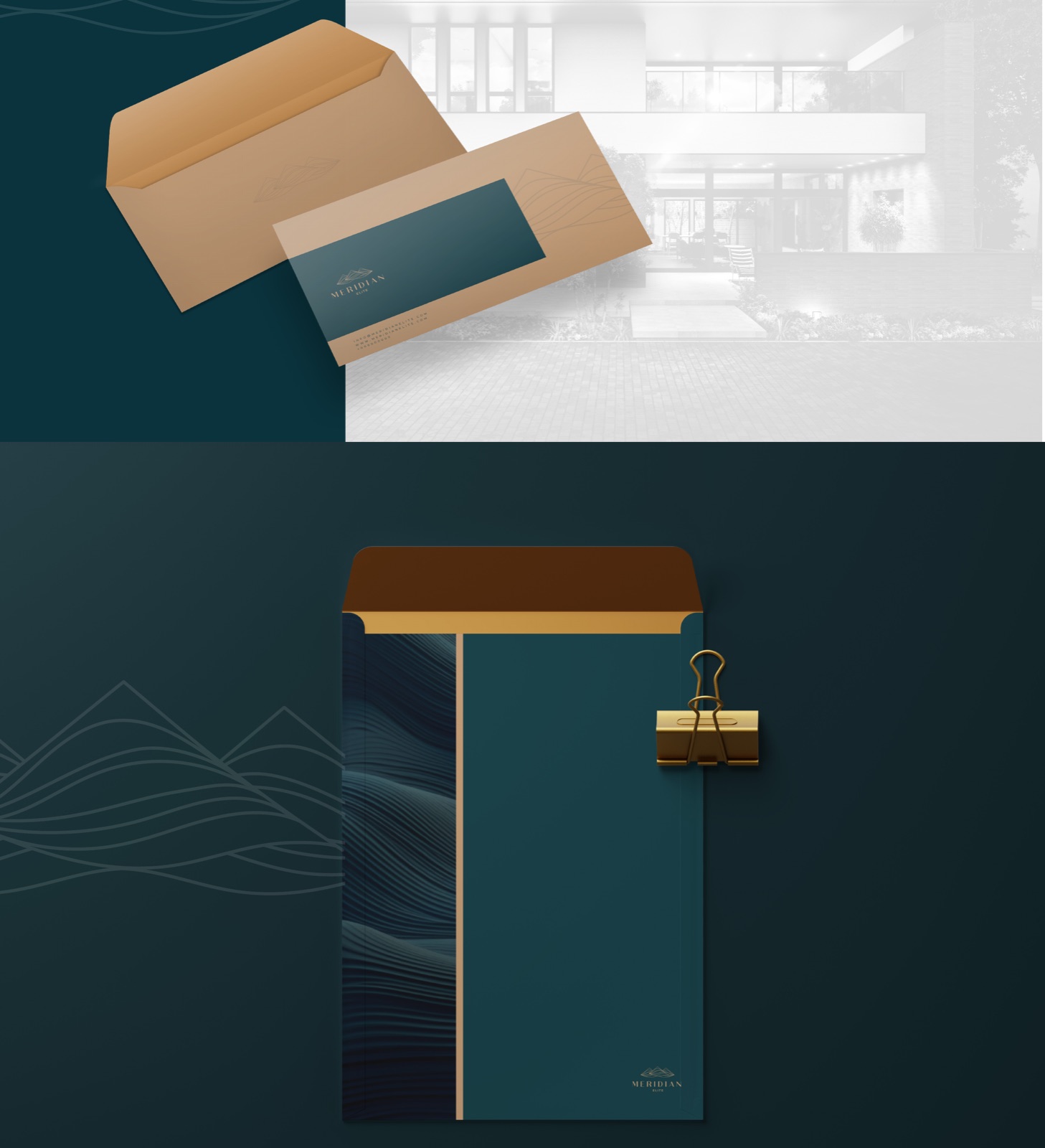 Meridian Elite envelopes and a teal document folder with a copper clip