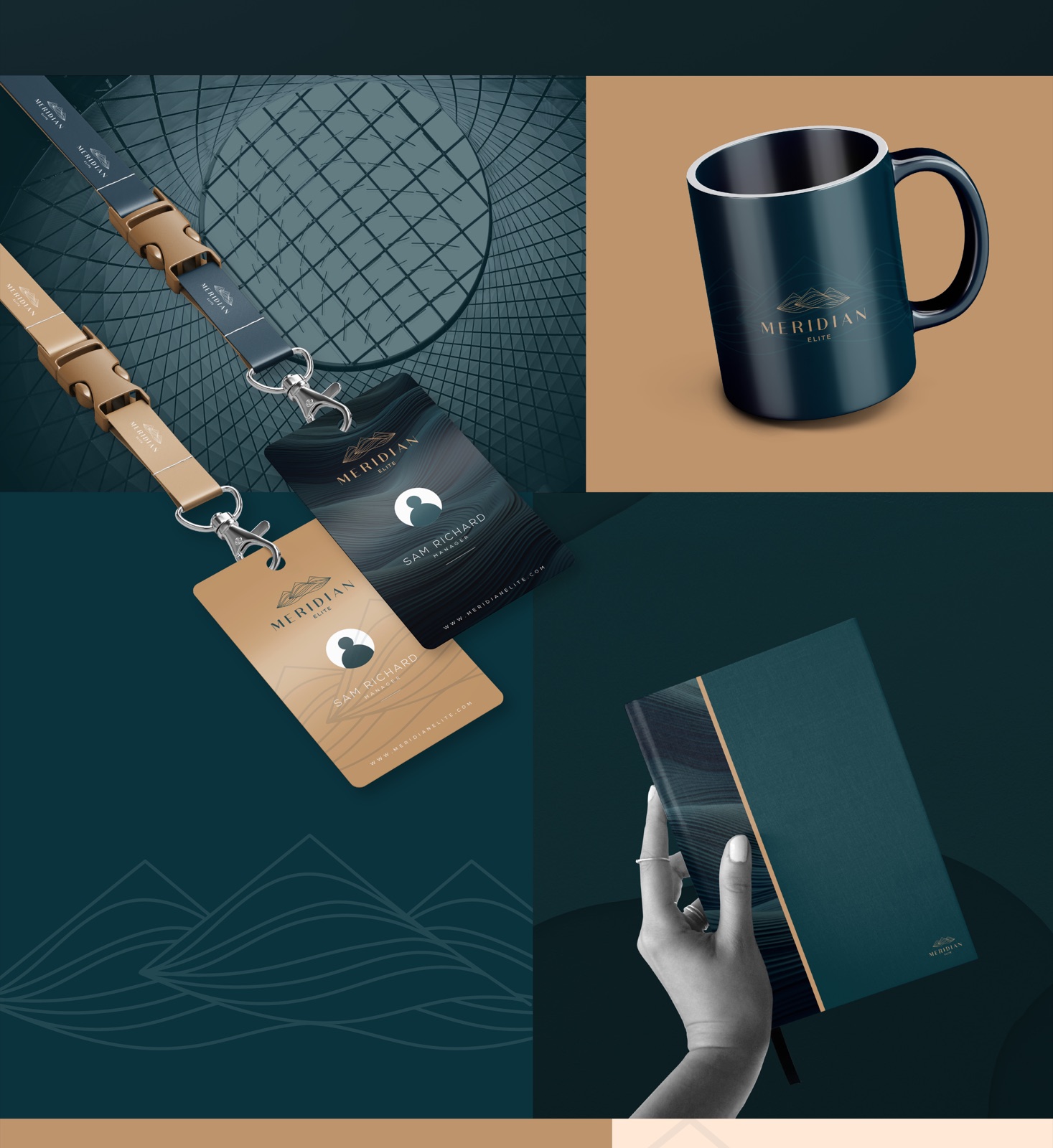 Meridian Elite staff lanyard and passes, a branded mug and a teal notebook