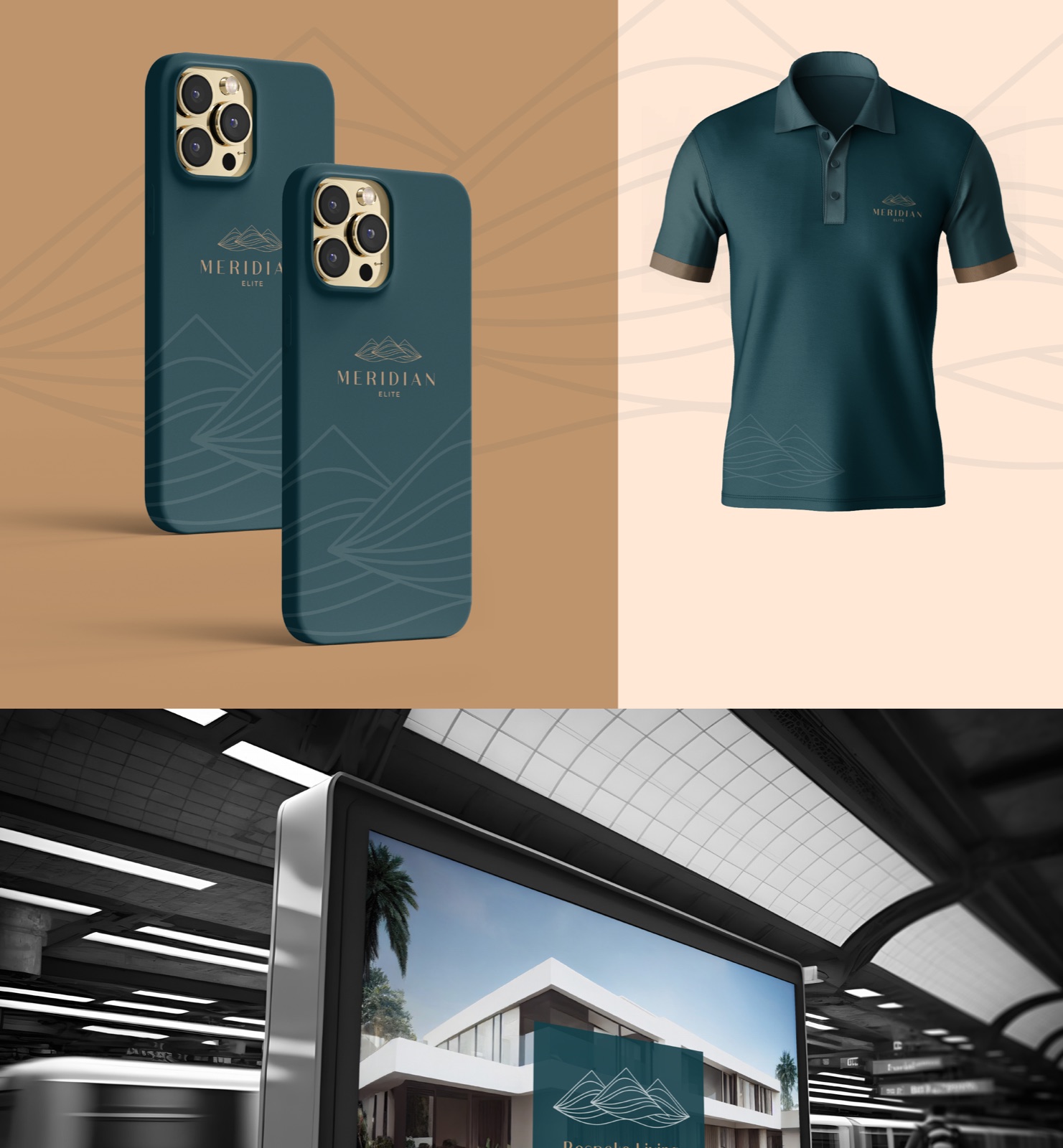 Meridian Elite phone cases and a polo shirt in deep teal