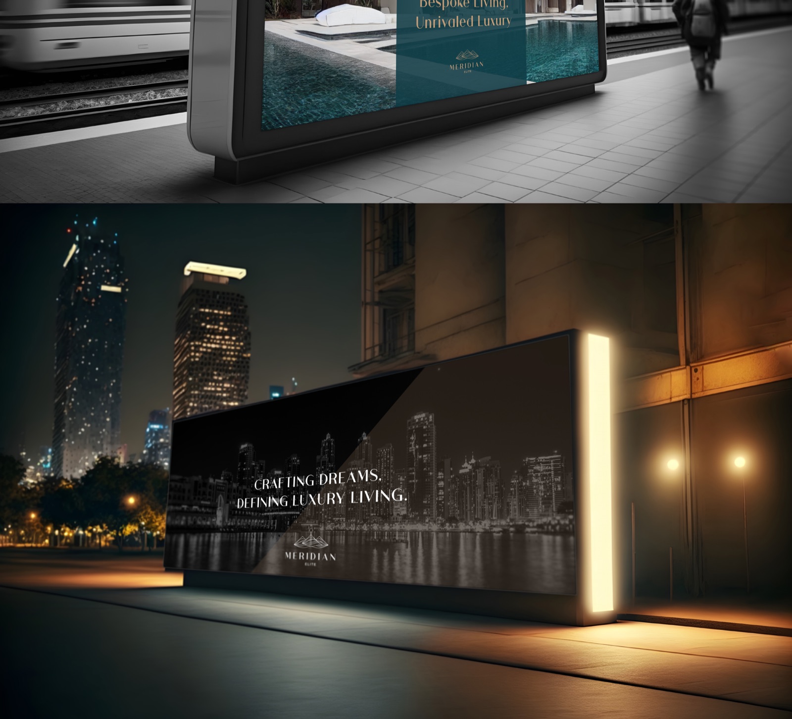 Meridian Elite signage on a station lightbox and a lit billboard against the Dubai skyline at night