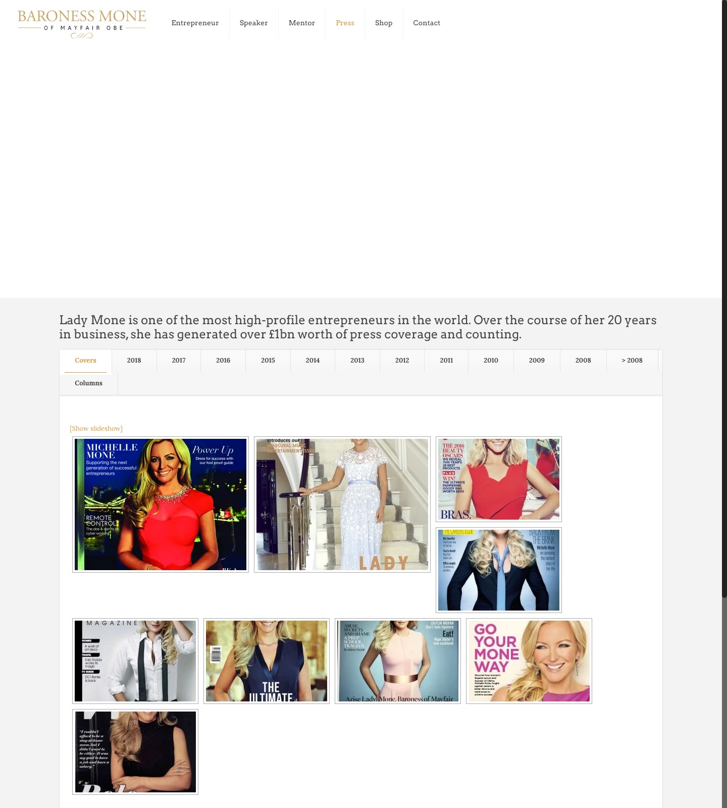 The Press page on the Michelle Mone website, a wall of magazine covers filterable by year