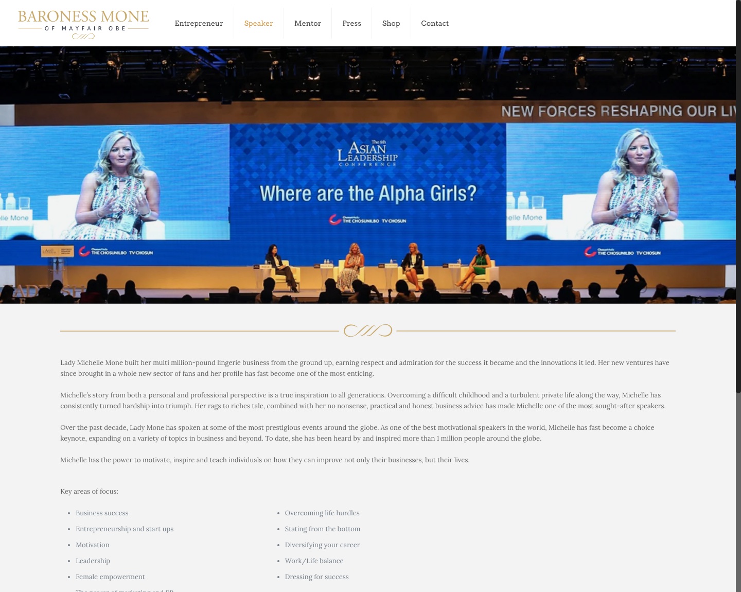 The Speaker page on the Michelle Mone website