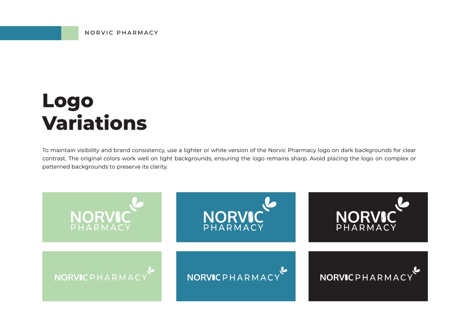 Norvic Pharmacy logo variations across backgrounds