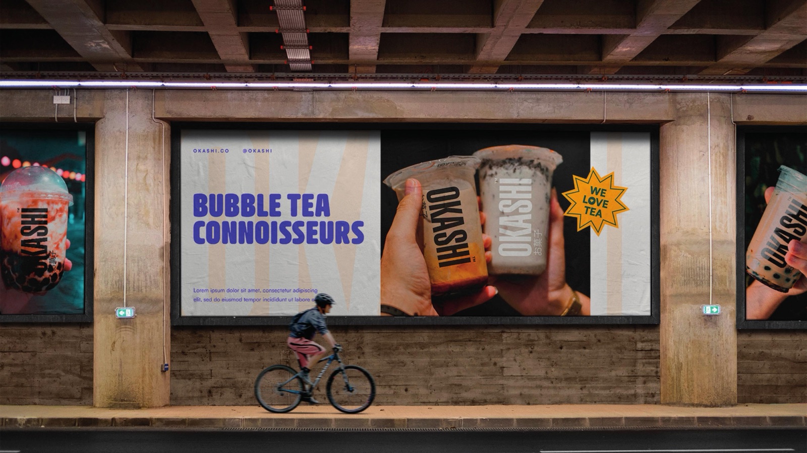 Okashi out of home poster in an underground station, Bubble Tea Connoisseurs across a transit wall