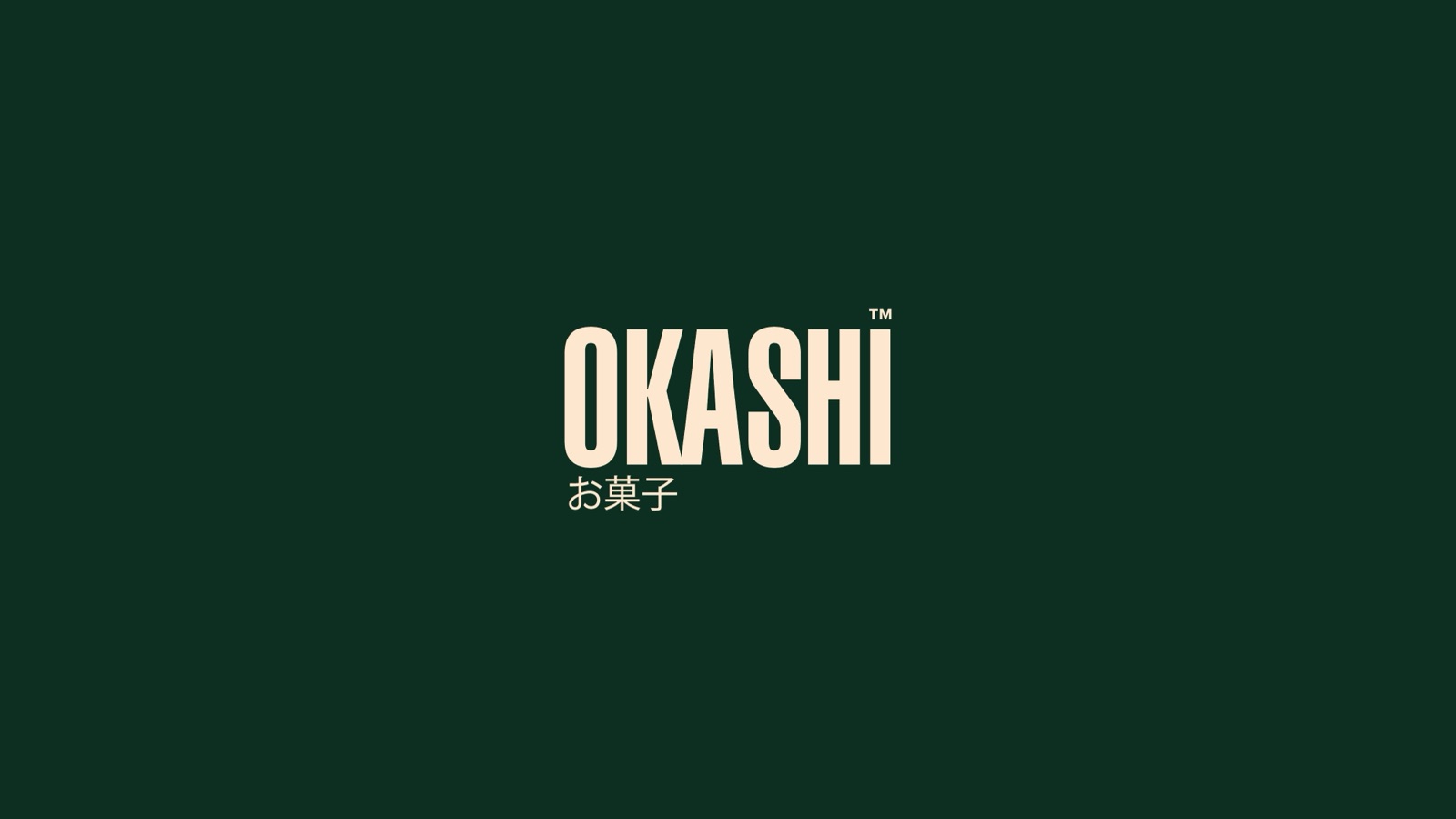 Okashi wordmark in cream on matcha forest green with the お菓子 kanji