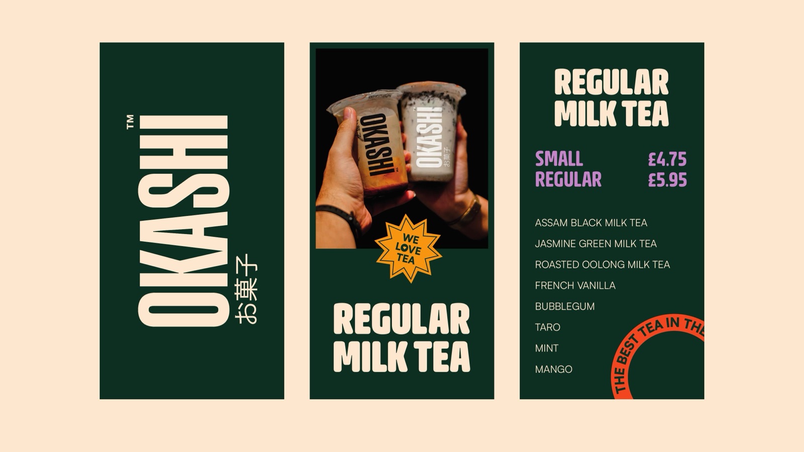 Okashi menu card for regular milk tea, set on matcha forest green