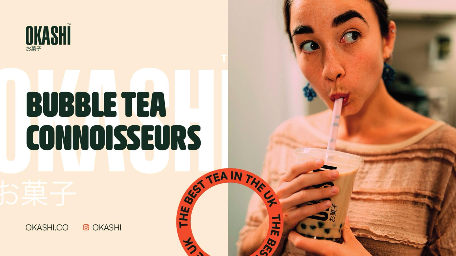 Okashi positioning slide, Bubble Tea Connoisseurs set in green next to a customer drinking milk tea
