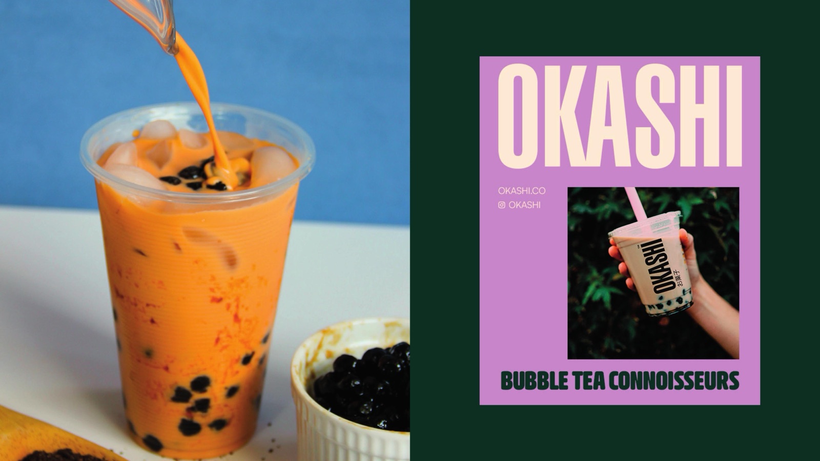 Okashi product poster with a neon city backdrop