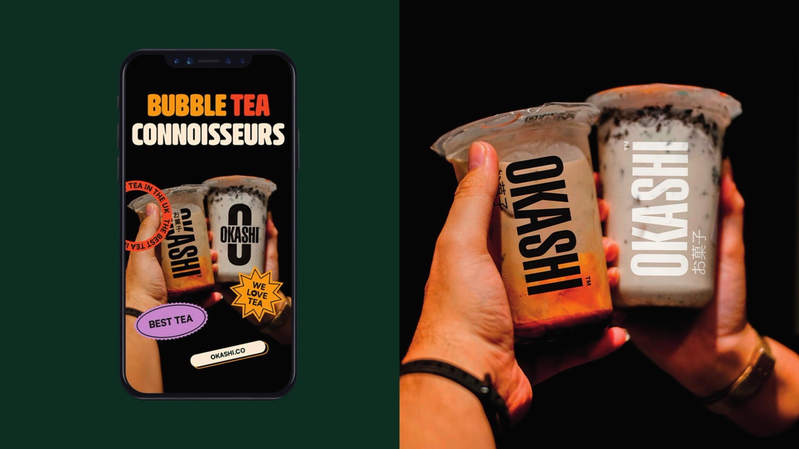 Okashi cup wraps and a story layout, two branded bubble teas held up against a dark background