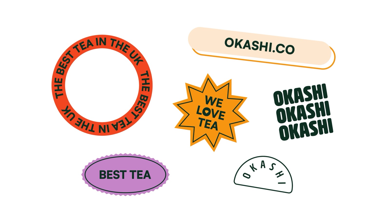 Okashi sticker set, including the best tea in the UK ring, a we love tea gold star, a best tea purple oval and repeating wordmarks
