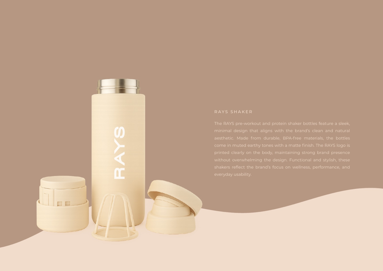 RAYS shaker bottle in warm sand with a matte finish