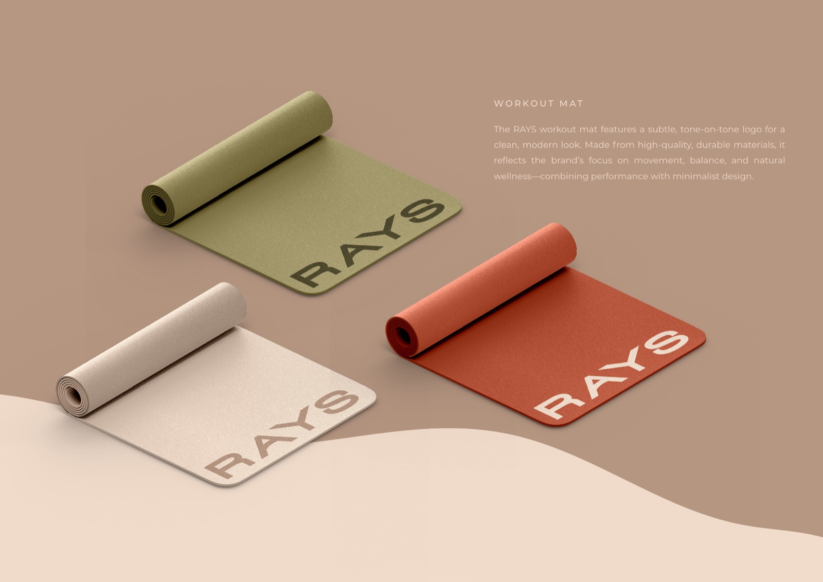 Three RAYS workout mats rolled in sage, sand and terracotta