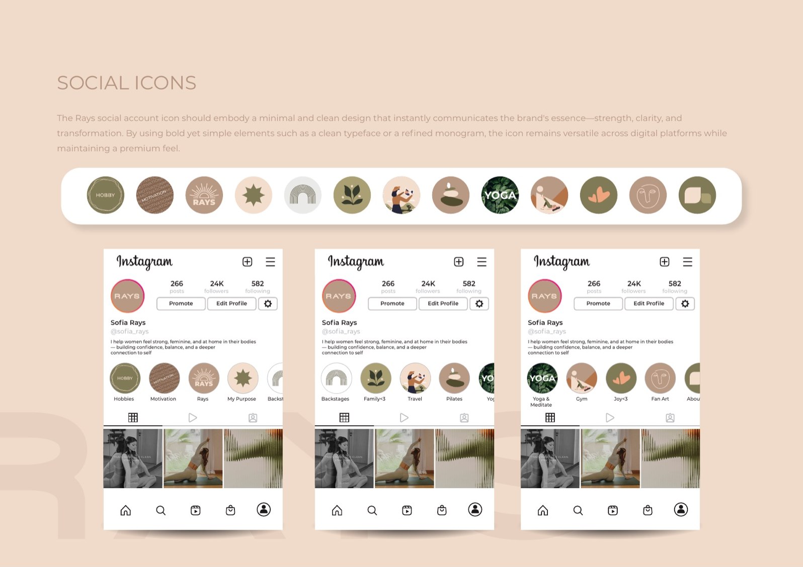 RAYS profile and highlight icons laid out on an Instagram grid