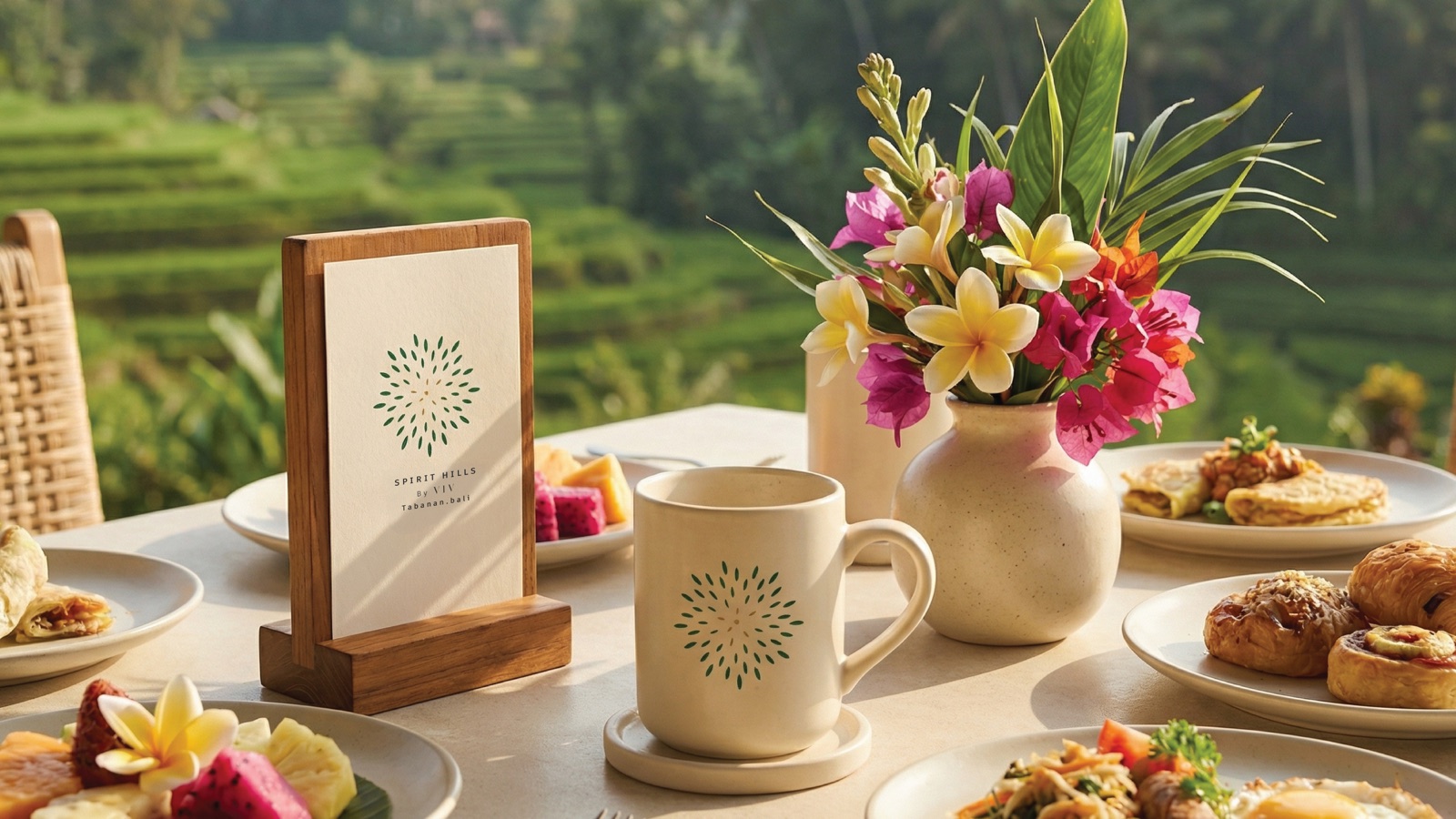 A Spirit Hills candle, welcome card and tropical flowers set on a dining table
