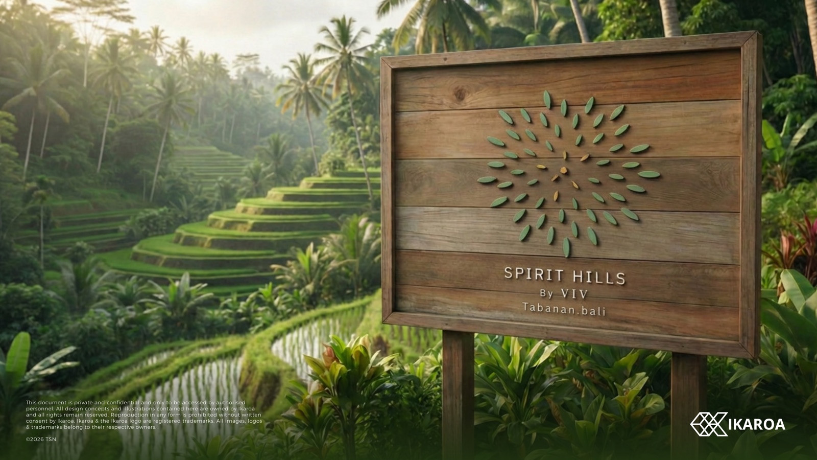 The Spirit Hills seed-burst cut into a wooden marker set against terraced rice fields