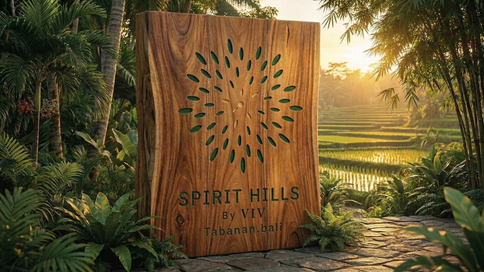 A carved teak Spirit Hills sign glowing in golden light beside Balinese rice terraces