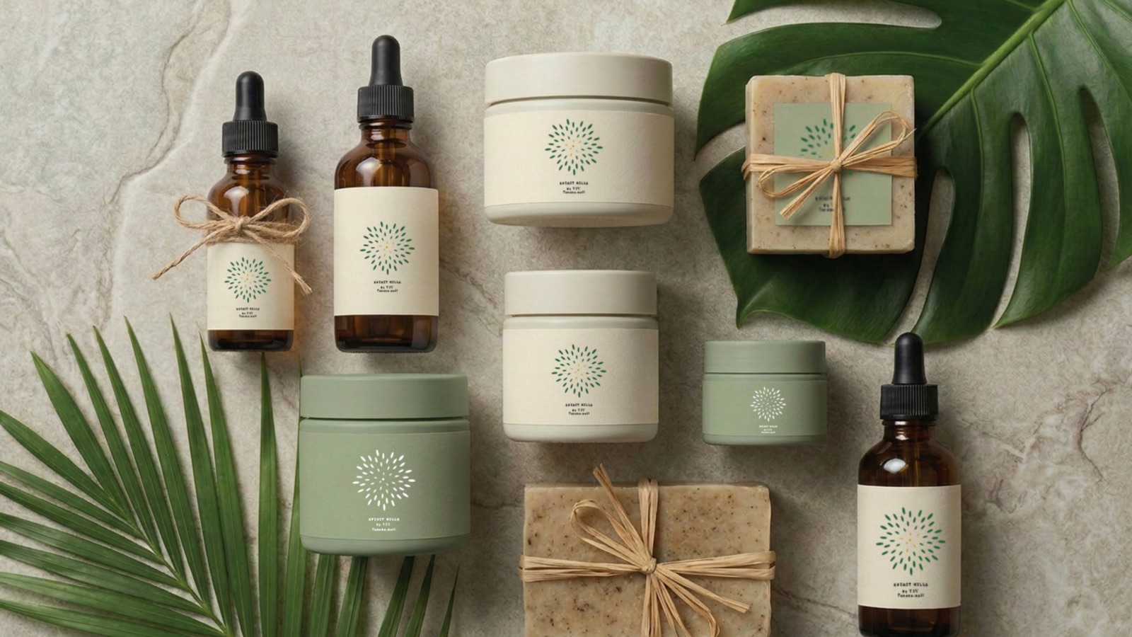 Spirit Hills spa products, amber dropper bottles, soaps and candles in the brand colours