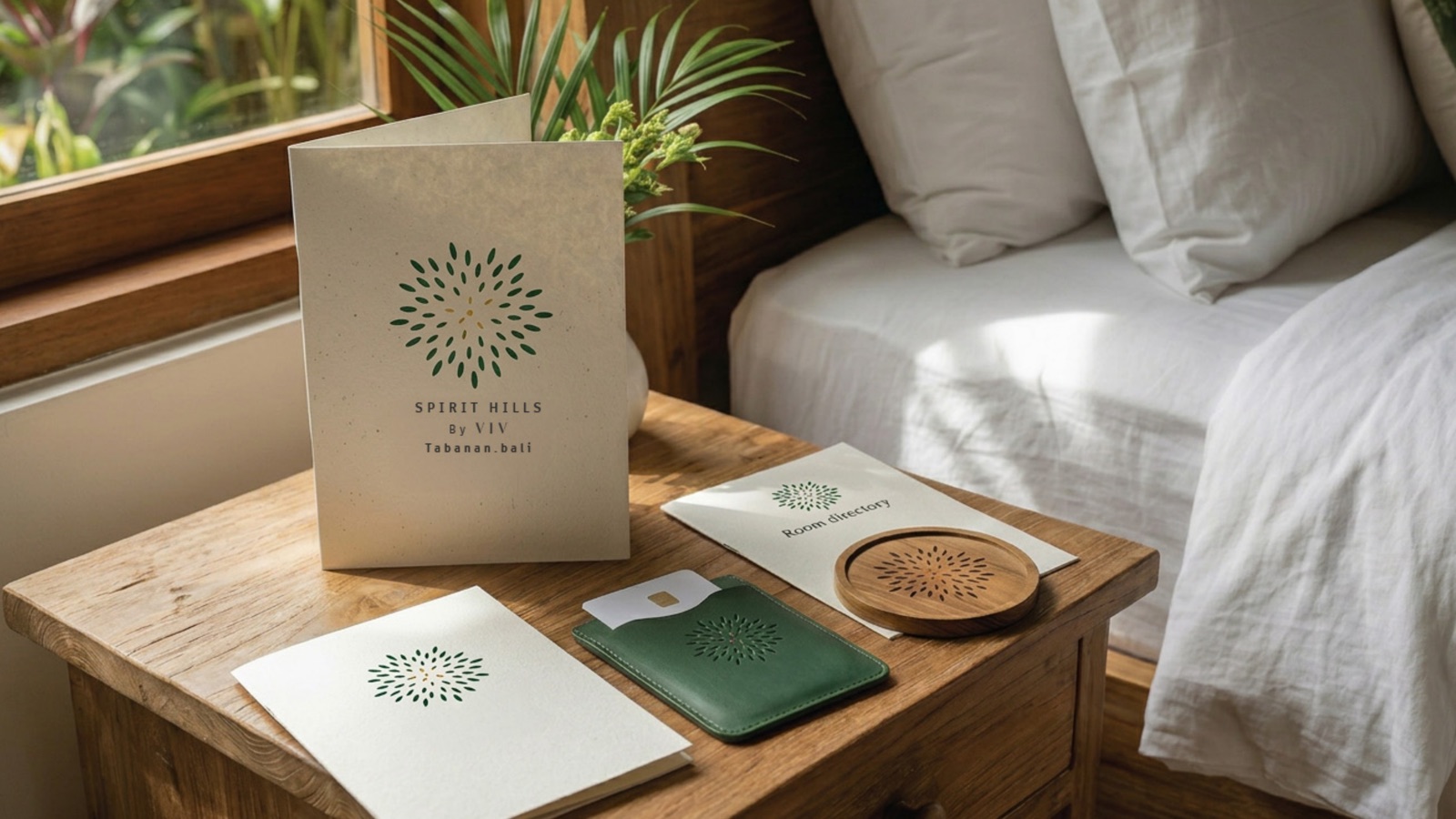 A Spirit Hills welcome card on a breakfast tray inside a glamping villa suite